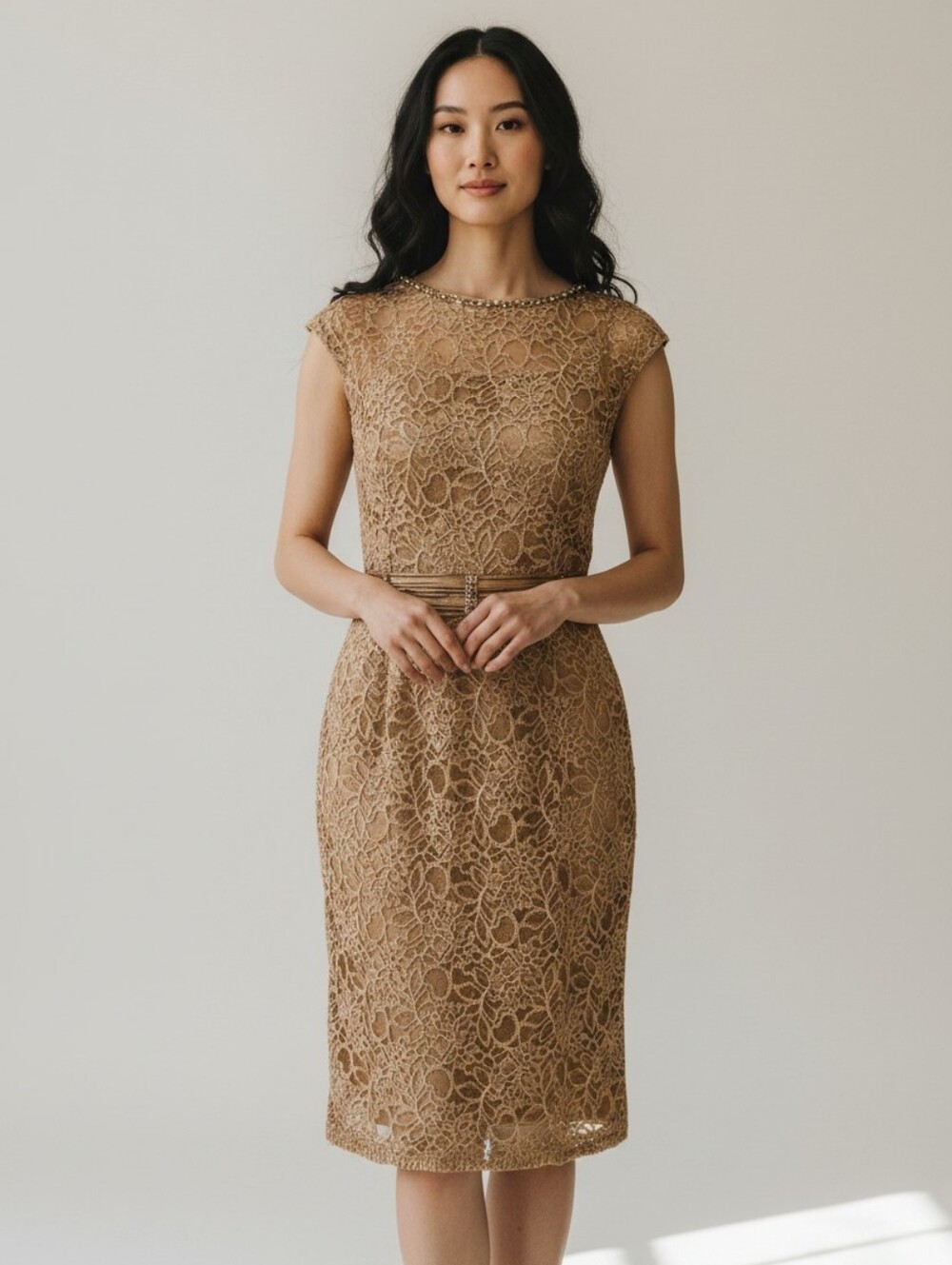 NWT KM Collections Gold Lace Illusion Neck Sheath Dress Size 10